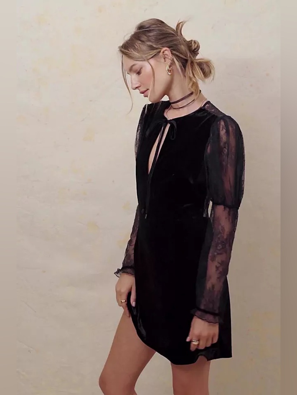 FREE PEOPLE Midnight Hour Velvet Lace Keyhole Neck Long Sleeve Mini Dress size M